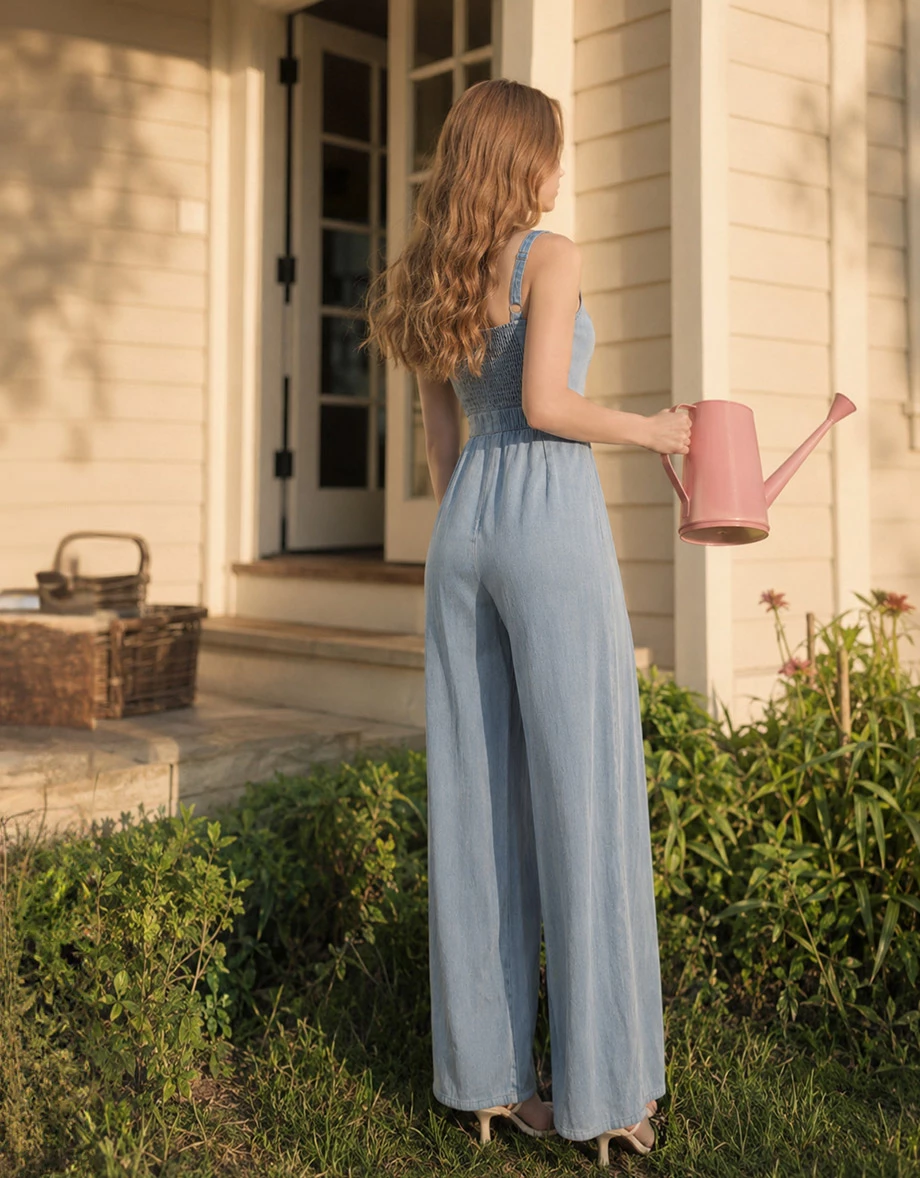 V Neck Smocked Back Pleated Wide Leg Jeans Denim Jumpsuit V Neck Smocked Back Pleated Wide Leg Jeans Denim Jumpsuit