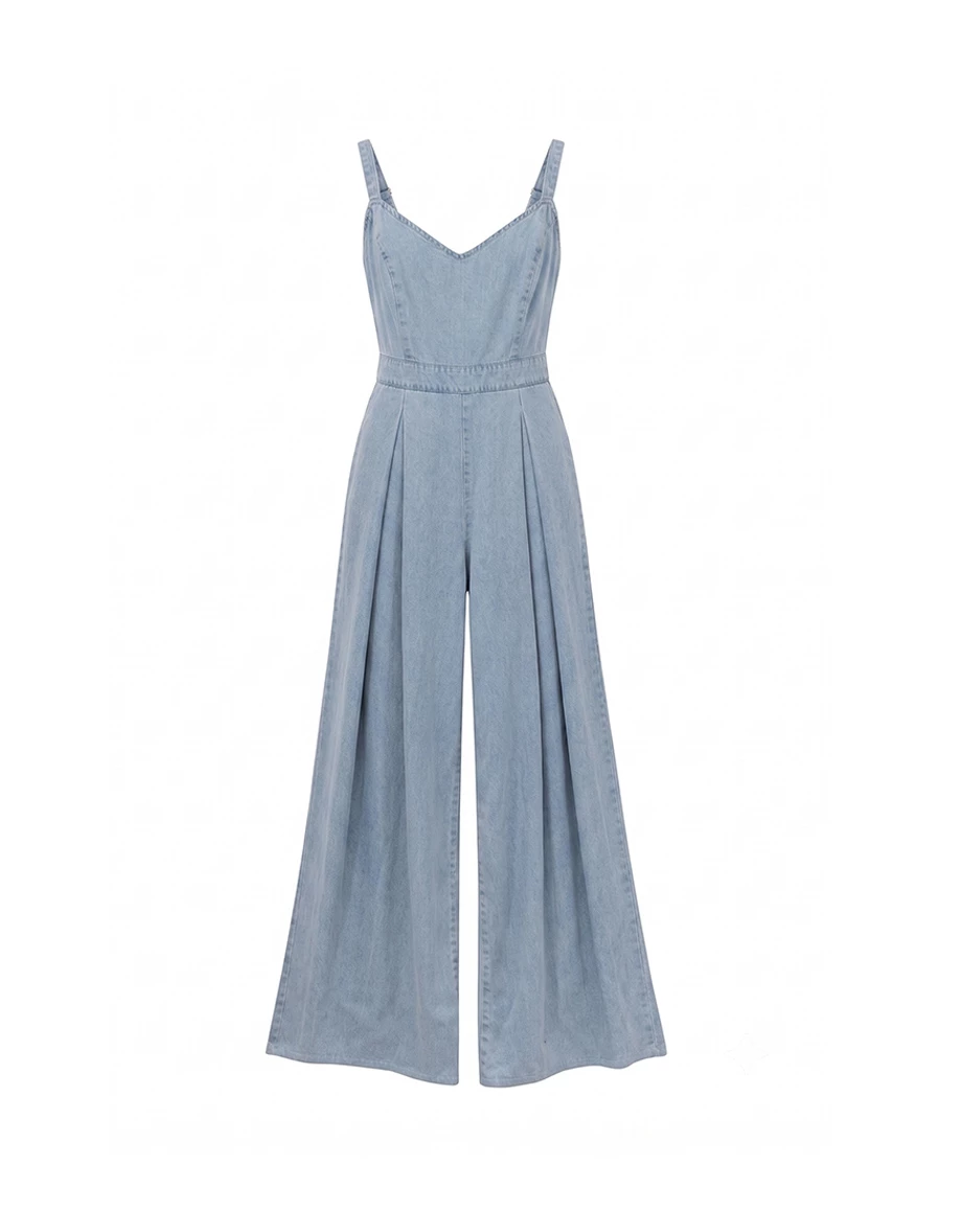 V Neck Smocked Back Pleated Wide Leg Jeans Denim Jumpsuit V Neck Smocked Back Pleated Wide Leg Jeans Denim Jumpsuit