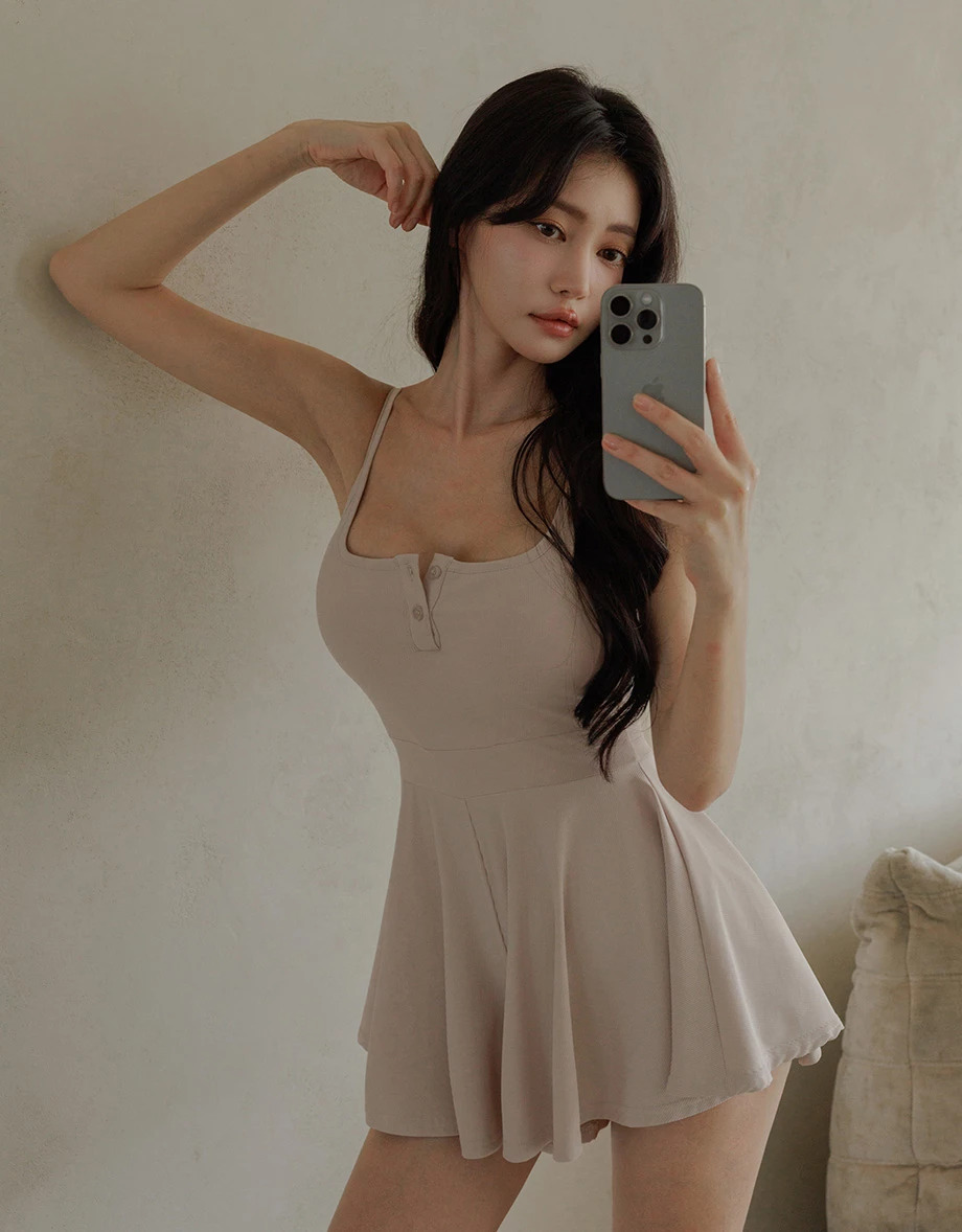 Cooling Fabric Henley Button Up Placket Ribbed Padded Cami Romper