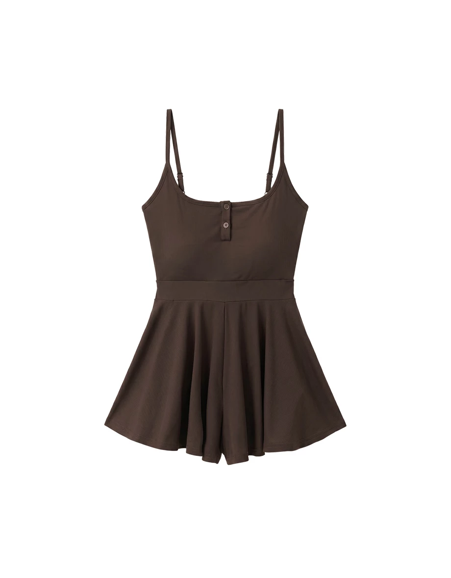 Cooling Fabric Henley Button Up Placket Ribbed Padded Cami Romper
