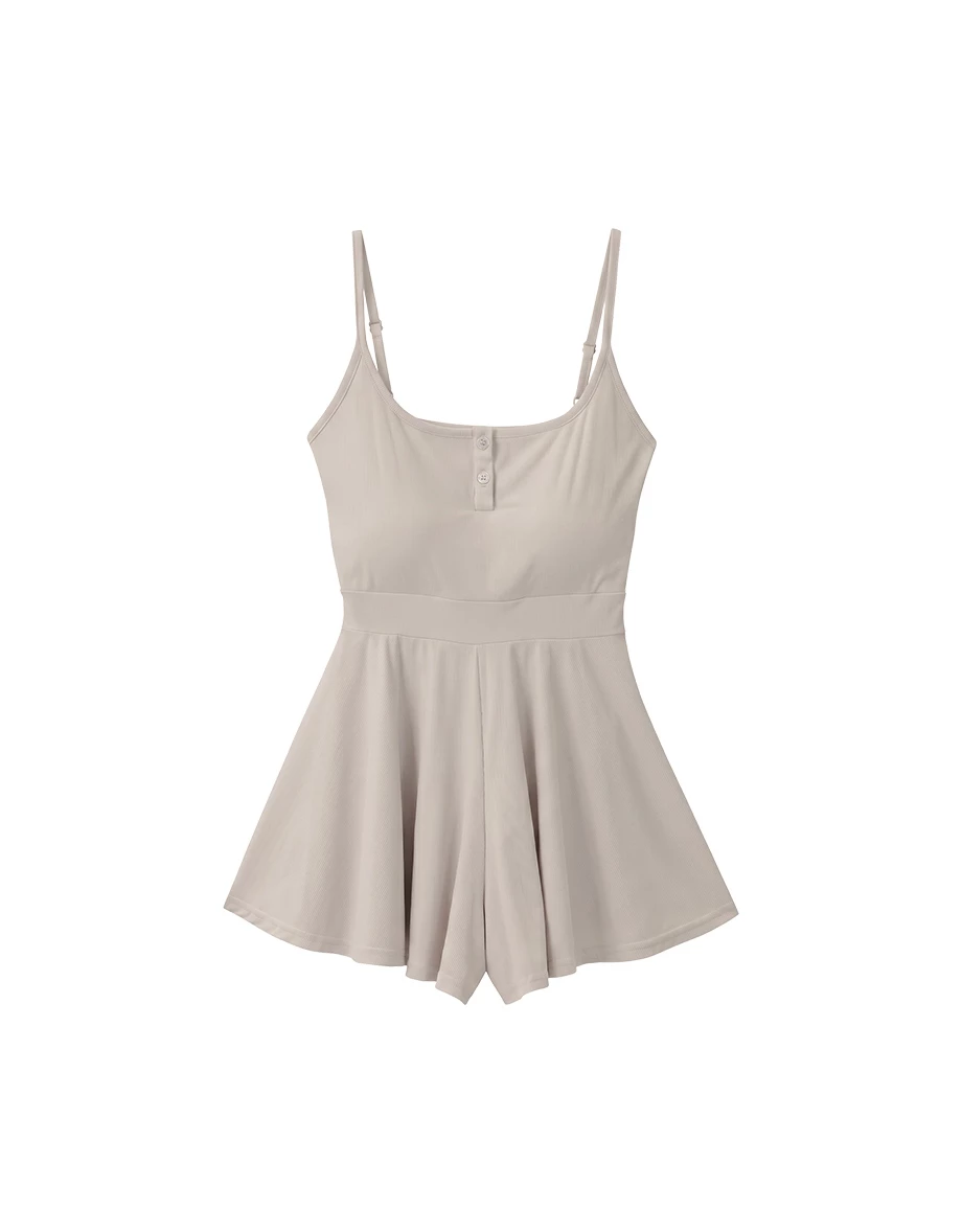 Cooling Fabric Henley Button Up Placket Ribbed Padded Cami Romper