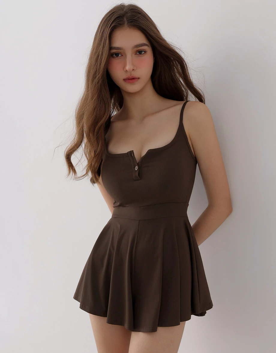 Cooling Fabric Henley Button Up Placket Ribbed Padded Cami Romper