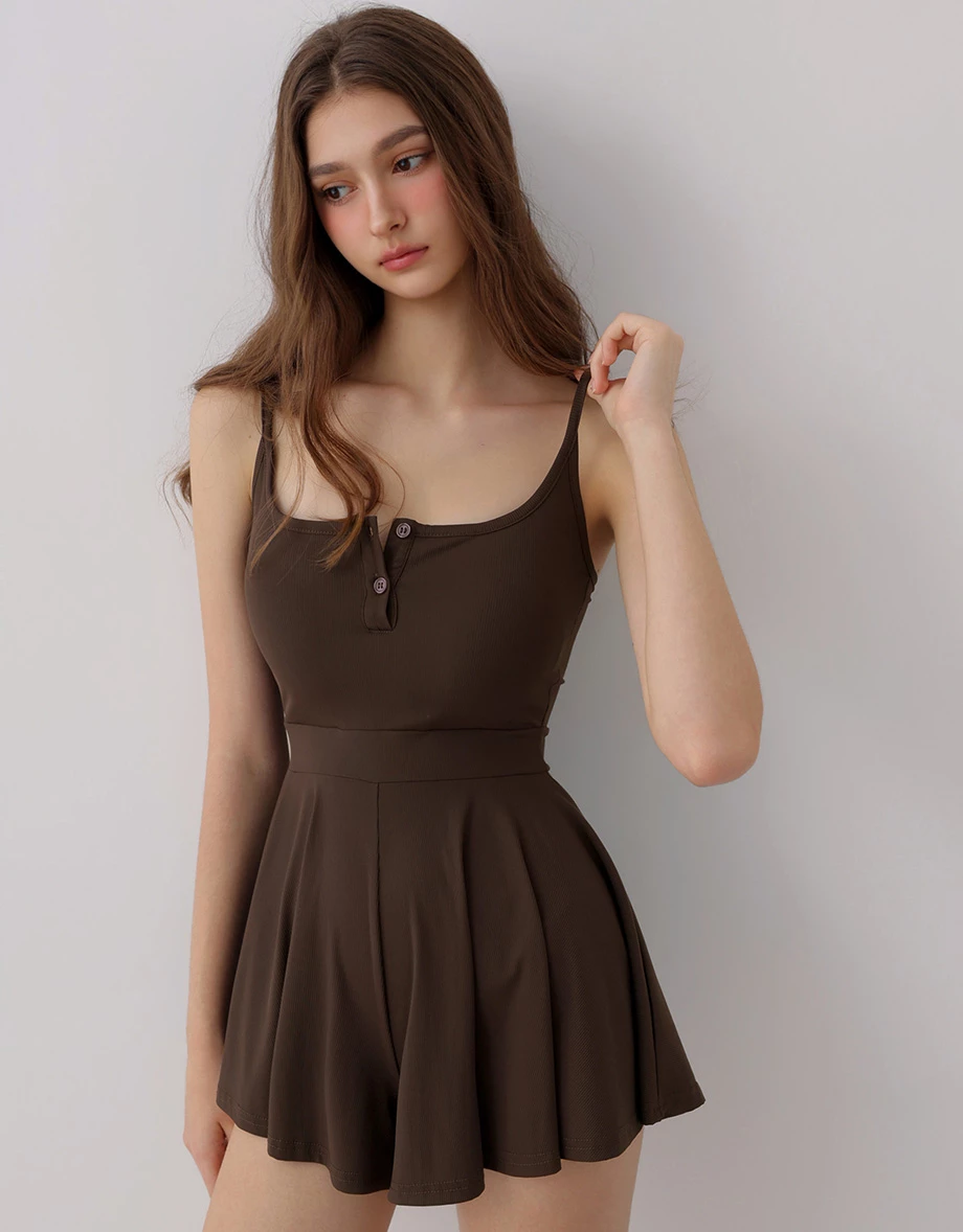 Cooling Fabric Henley Button Up Placket Ribbed Padded Cami Romper