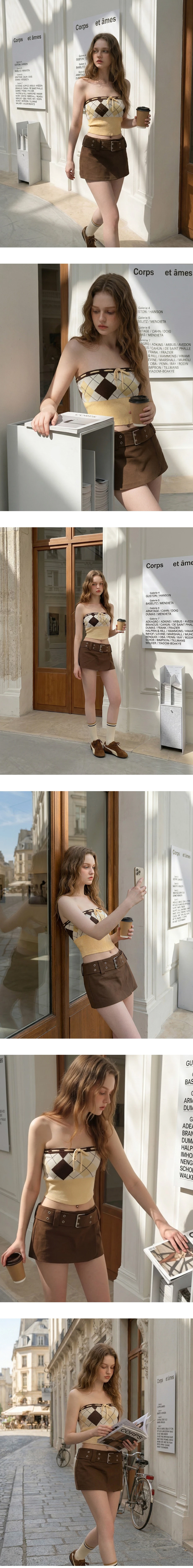 平口綁帶菱格紋拼接羅紋短版針織上衣(附胸墊)