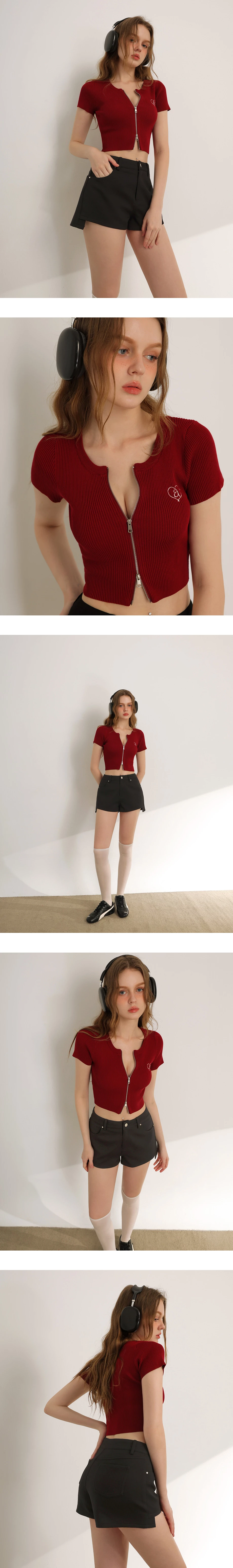 愛心LOGO刺繡圓領短袖短版拉鍊開襟針織衫