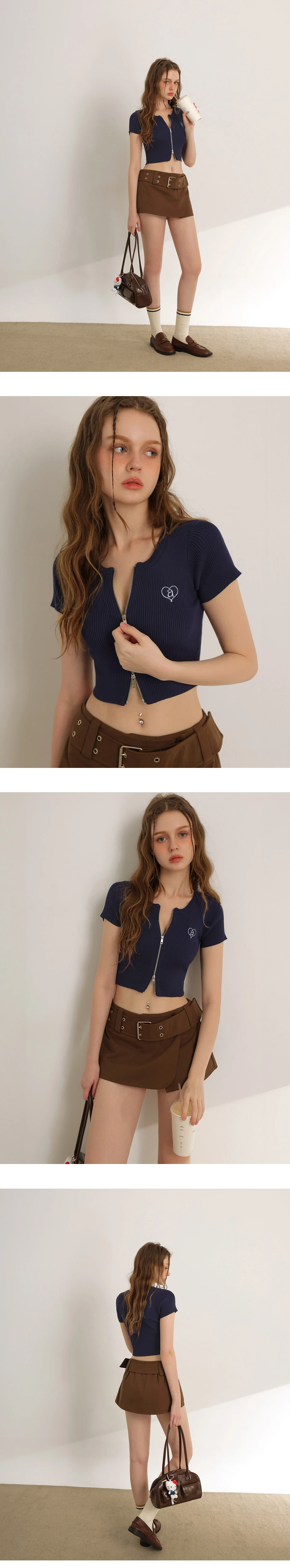 愛心LOGO刺繡圓領短袖短版拉鍊開襟針織衫