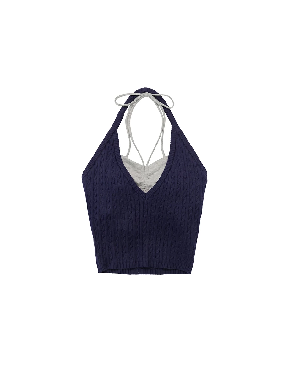 Faux 2 Piece Cable Knit V Neck Halter Padded Bra Top Faux 2 Piece Cable Knit V Neck Halter Padded Bra Top