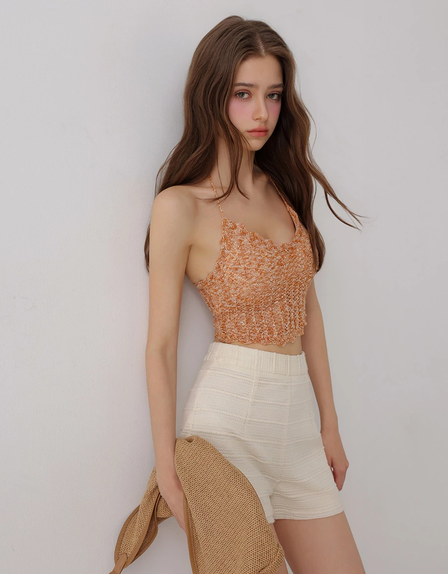 V Neck Crochet Open Knit Halter Tie Back Padded Cami Bra Top