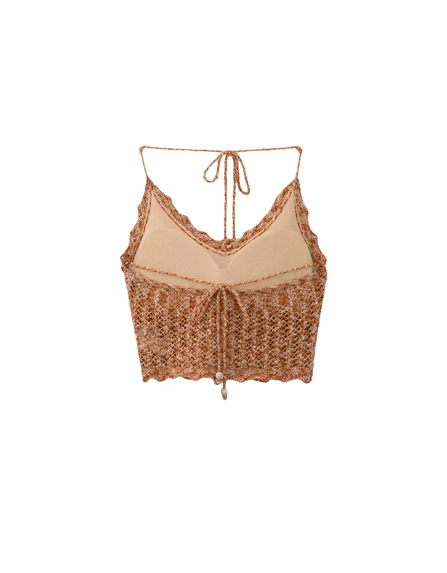 V Neck Crochet Open Knit Halter Tie Back Padded Cami Bra Top V Neck Crochet Open Knit Halter Tie Back Padded Cami Bra Top