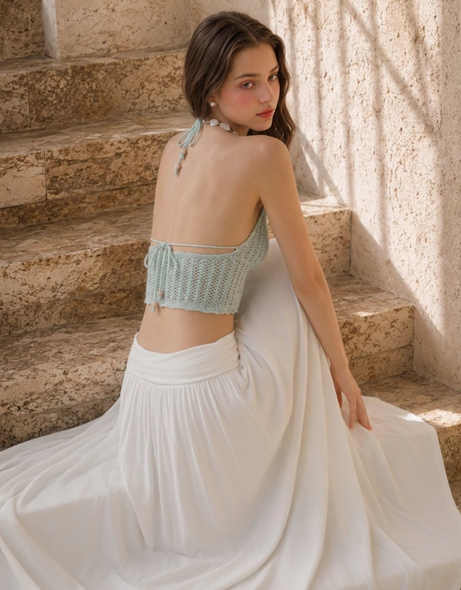 V Neck Crochet Open Knit Halter Tie Back Padded Cami Bra Top