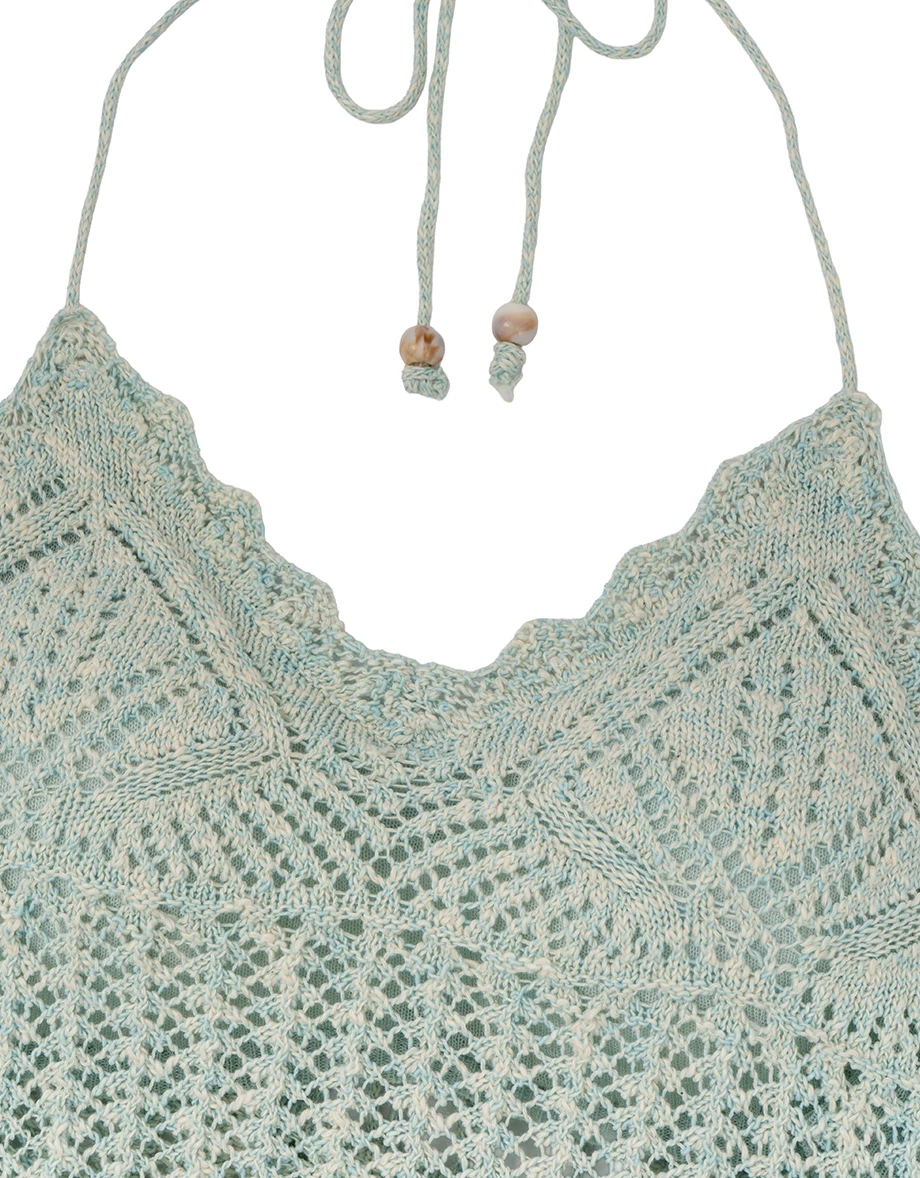 V Neck Crochet Open Knit Halter Tie Back Padded Cami Bra Top