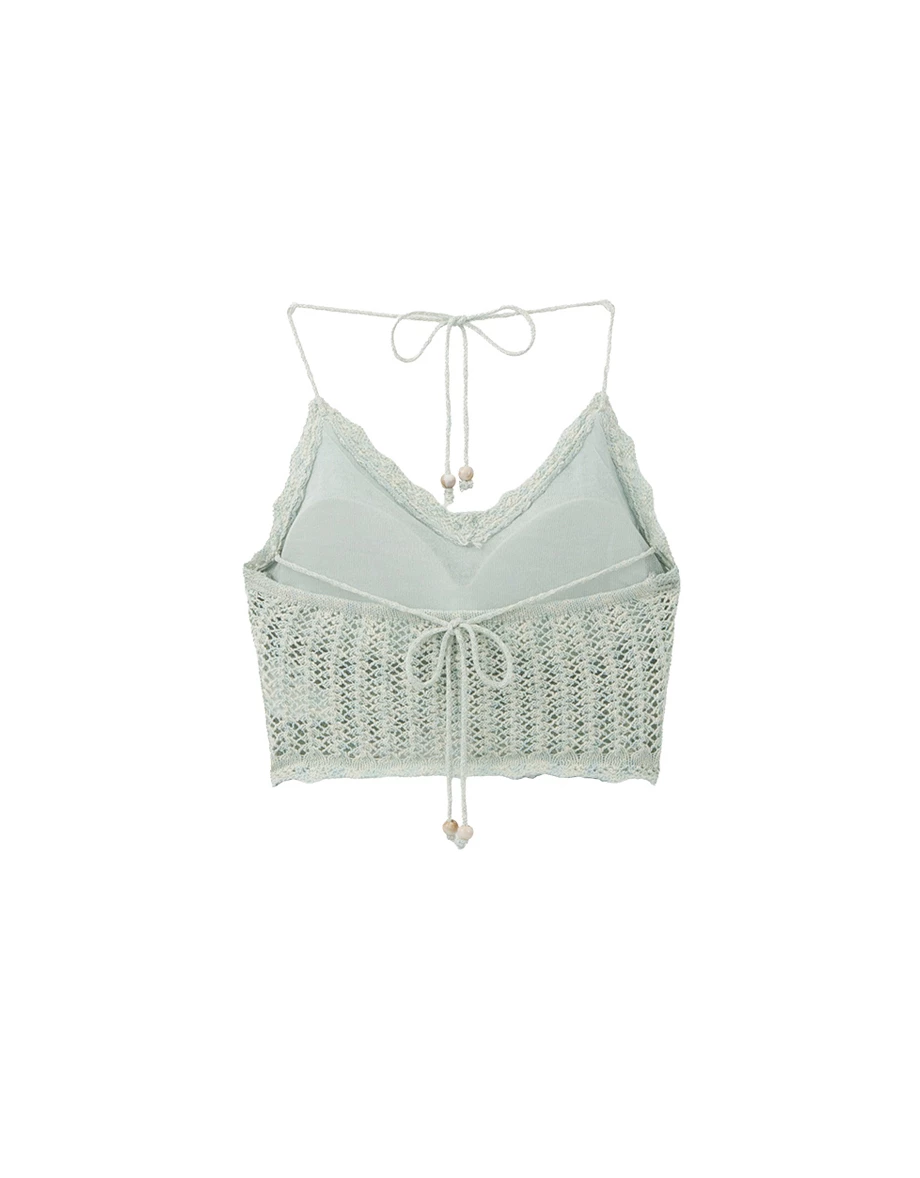 V Neck Crochet Open Knit Halter Tie Back Padded Cami Bra Top