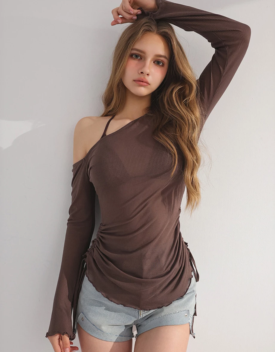 【Beach Cover】One Shoulder Sheer Ruched Long Sleeve Bikini Cover Up Top