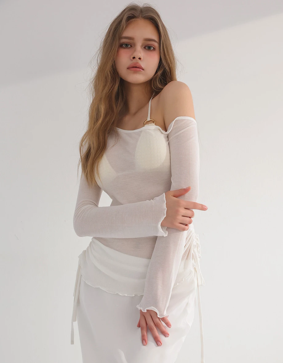 【Beach Cover】One Shoulder Sheer Ruched Long Sleeve Bikini Cover Up Top