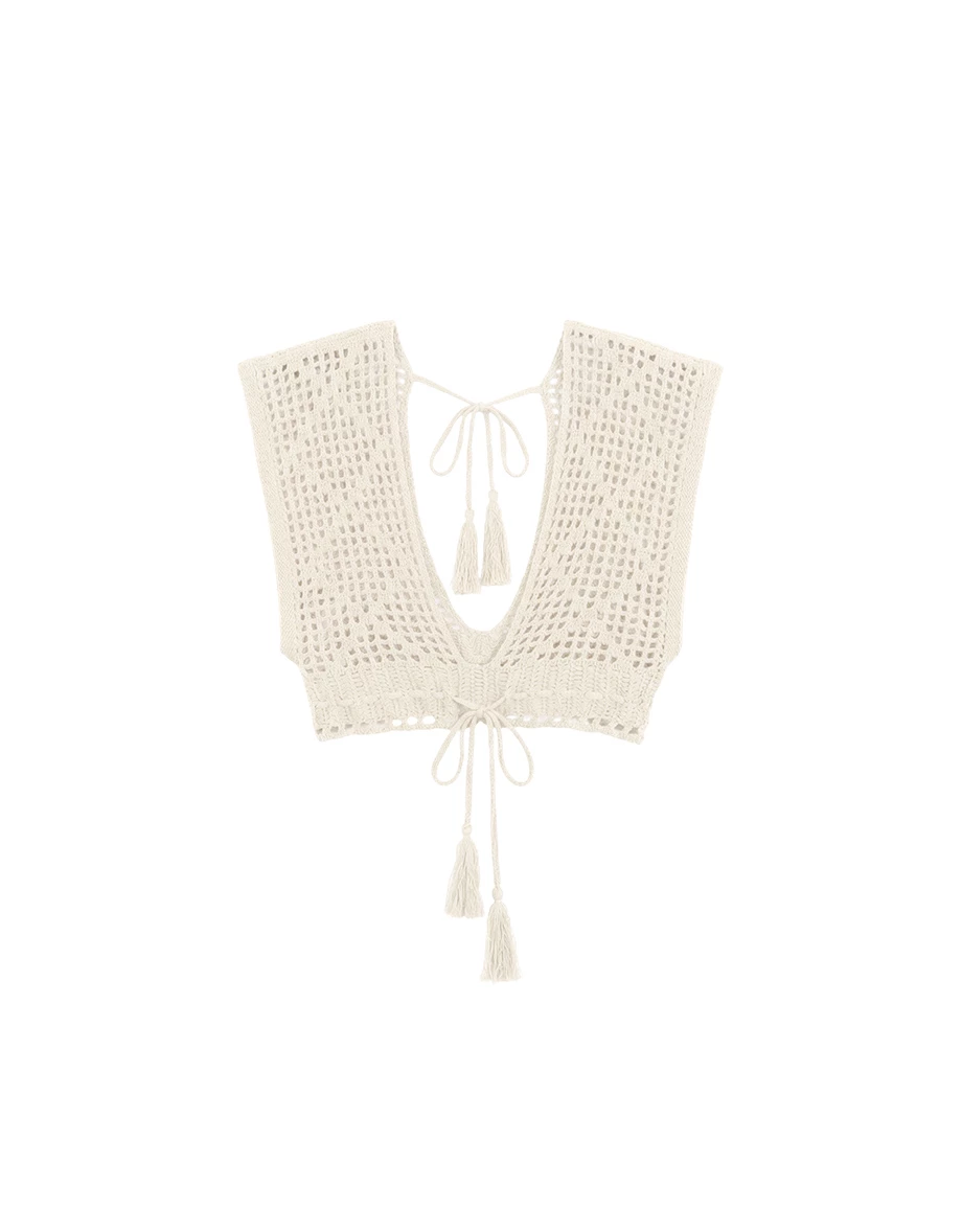 【Beach Cover】Openwork Crochet Knit Tie Front Bikini Cover Up Top