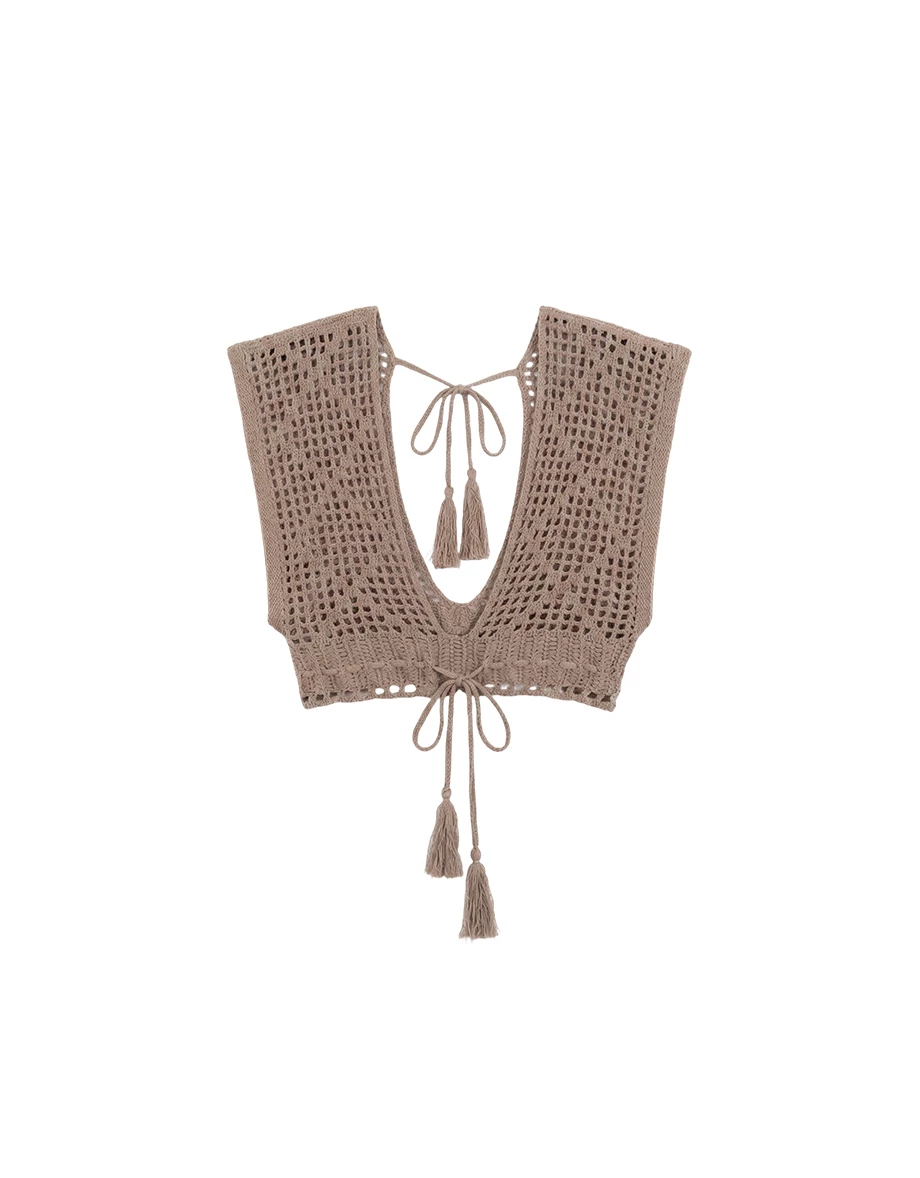 【Beach Cover】Openwork Crochet Knit Tie Front Bikini Cover Up Top