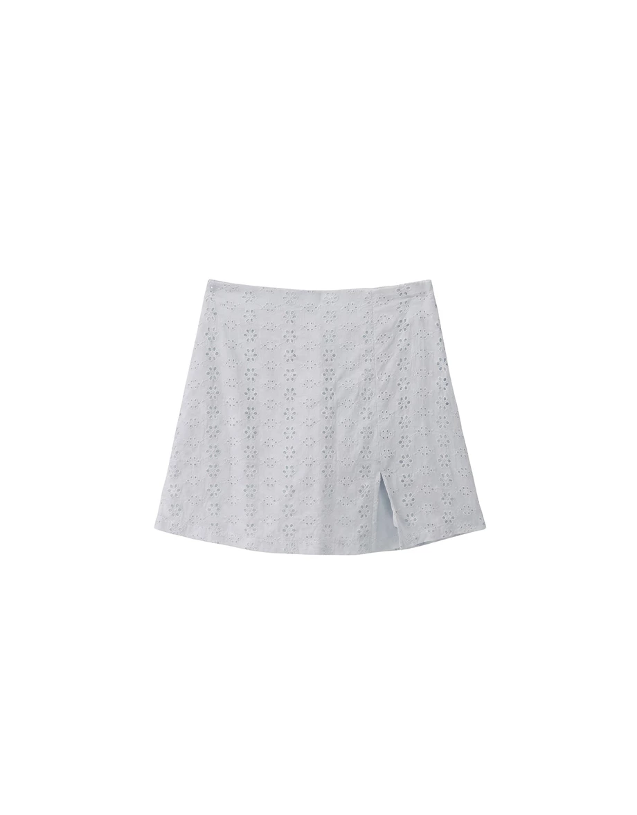 Front Slit Floral Lace Eyelet Embroidered A Line Skort
