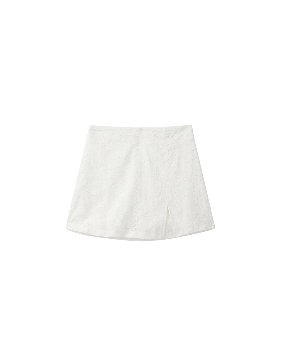 Front Slit Floral Lace Eyelet Embroidered A Line Skort