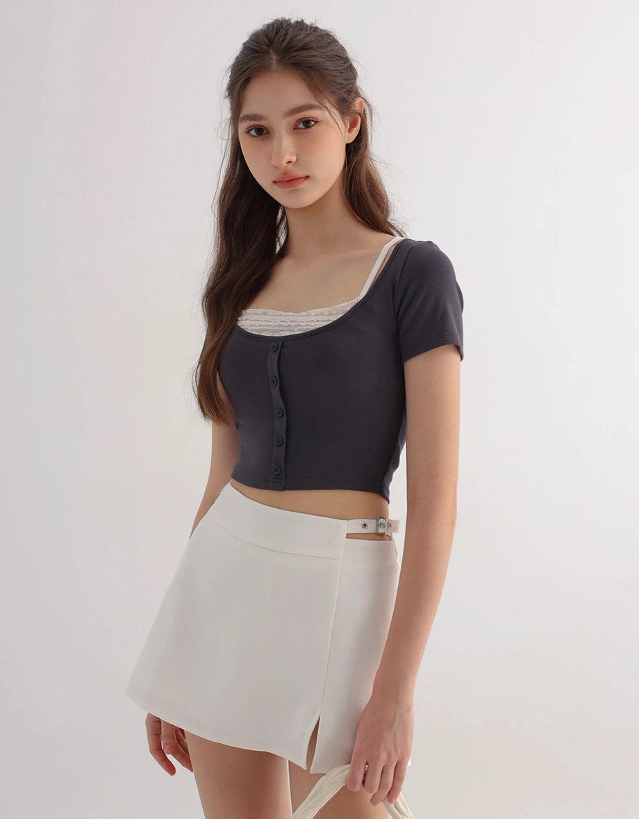 Side Buckle Cutout Slit Hem A Line Mini Skort Side Buckle Cutout Slit Hem A Line Mini Skort