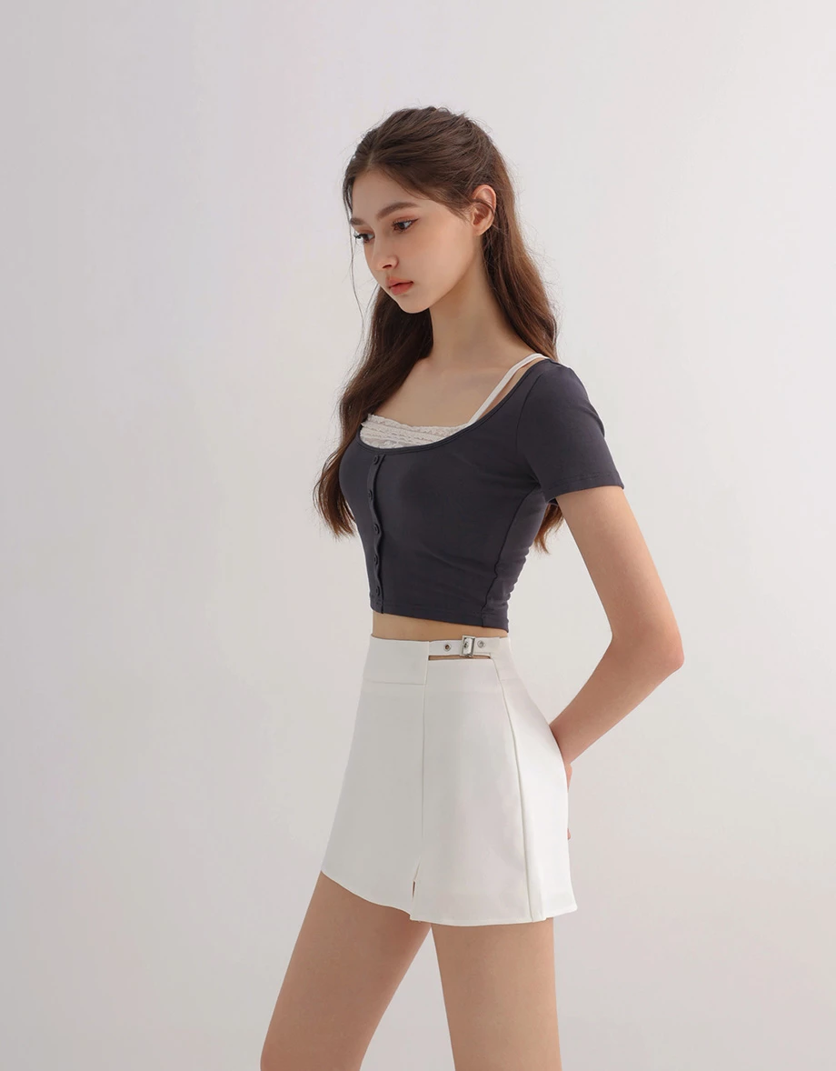 Side Buckle Cutout Slit Hem A Line Mini Skort Side Buckle Cutout Slit Hem A Line Mini Skort