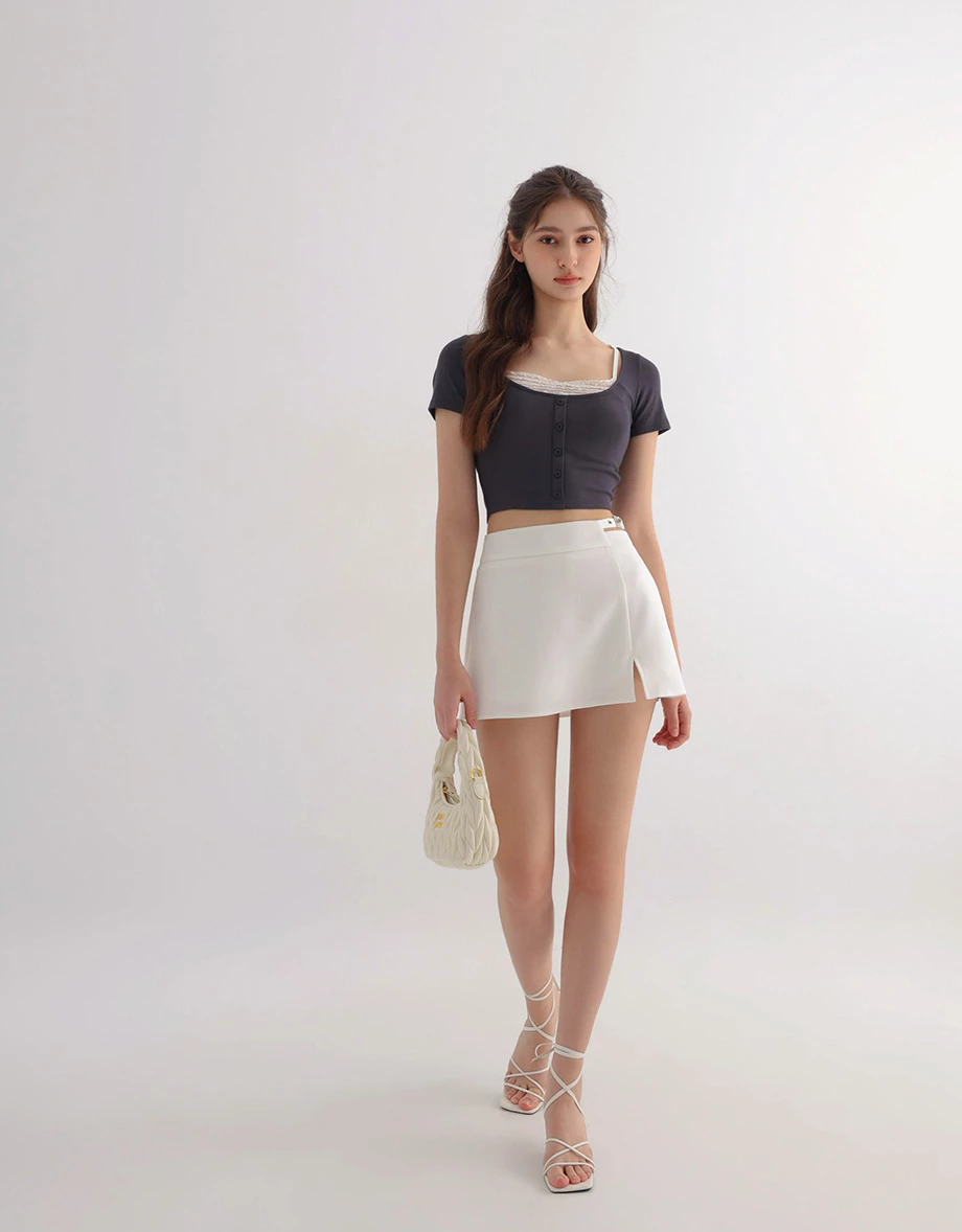 Side Buckle Cutout Slit Hem A Line Mini Skort