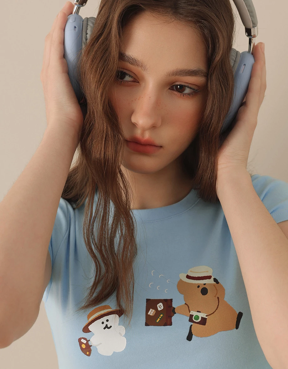 【DINOTAENG】彩色印花圓領短袖短版TEE
