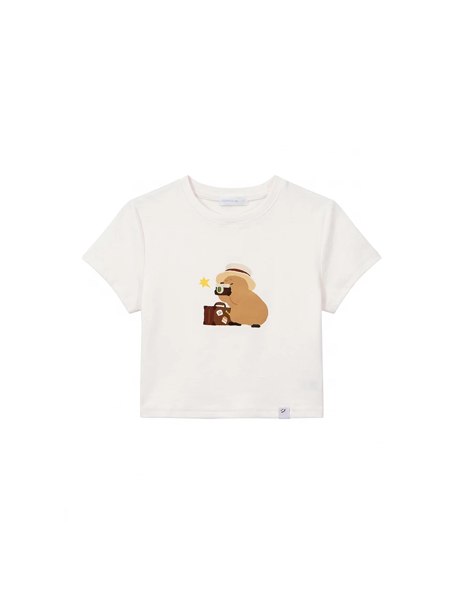 【DINOTAENG】彩色印花圓領短袖短版TEE