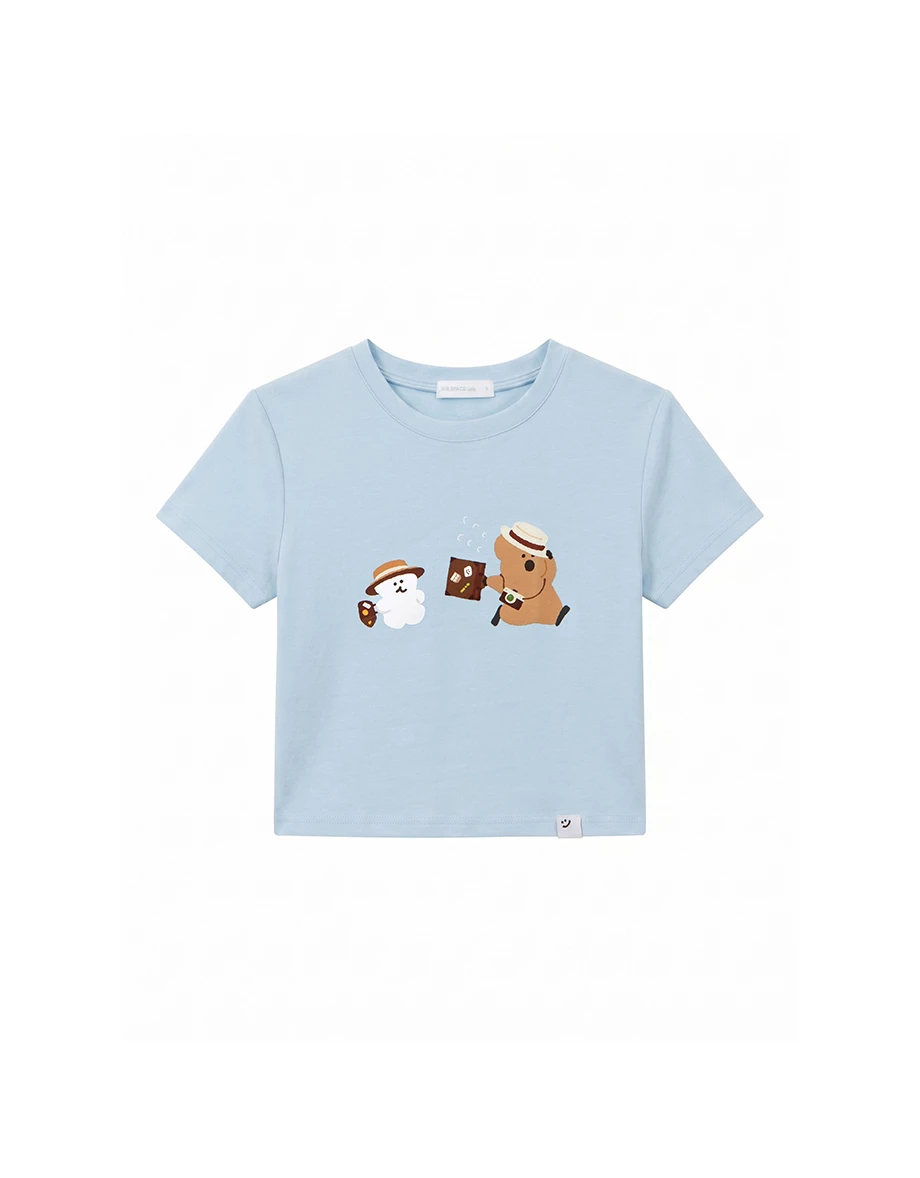 【DINOTAENG】彩色印花圓領短袖短版TEE