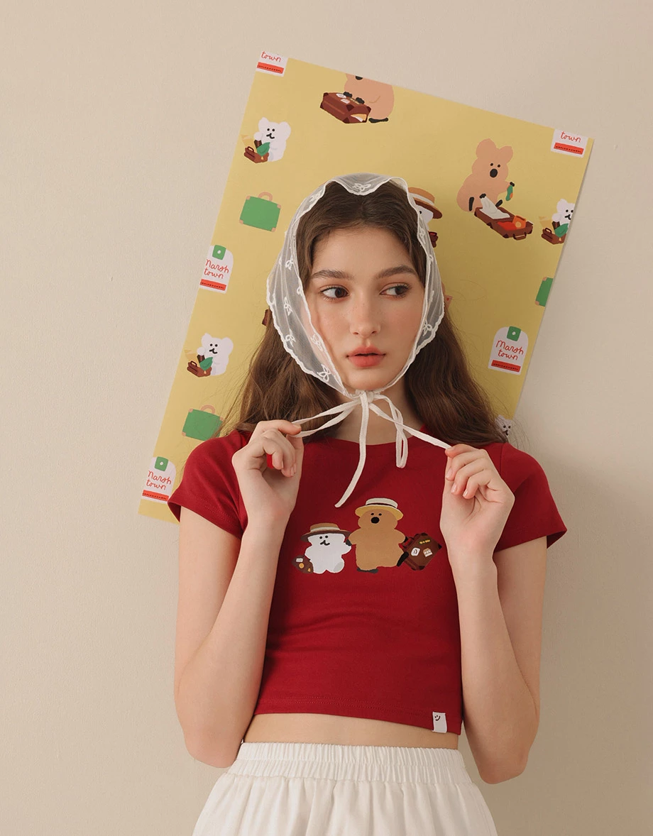 【DINOTAENG】彩色印花圓領短袖短版TEE