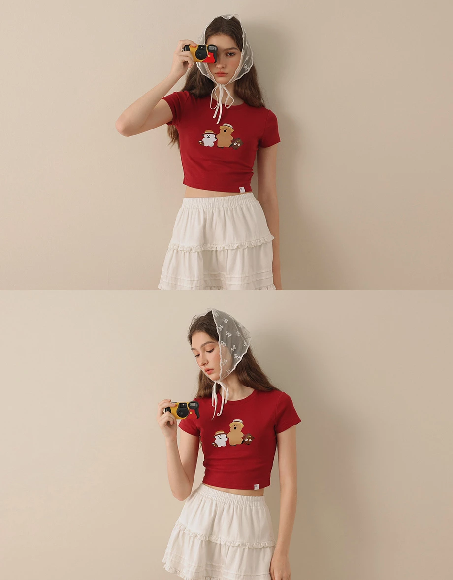【DINOTAENG】彩色印花圓領短袖短版TEE