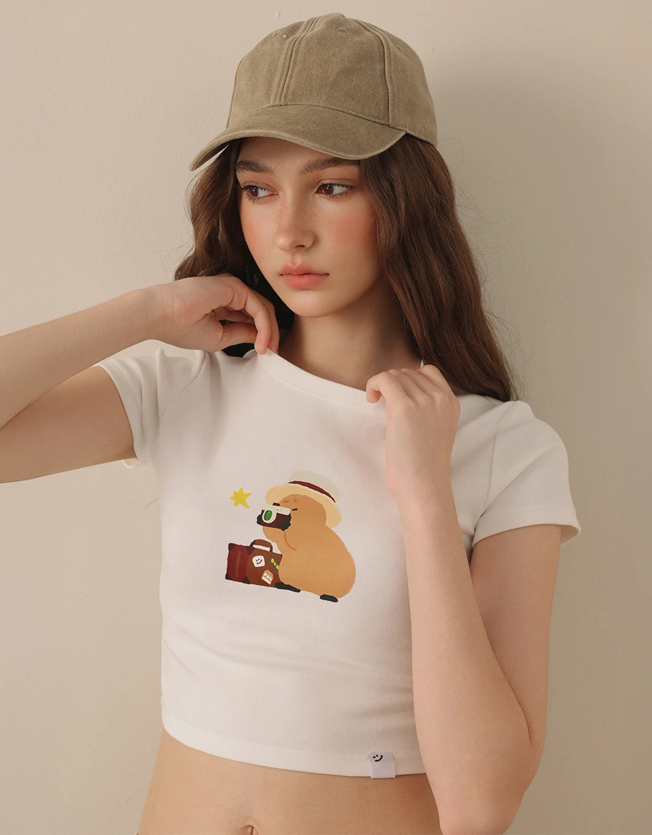【DINOTAENG】彩色印花圓領短袖短版TEE