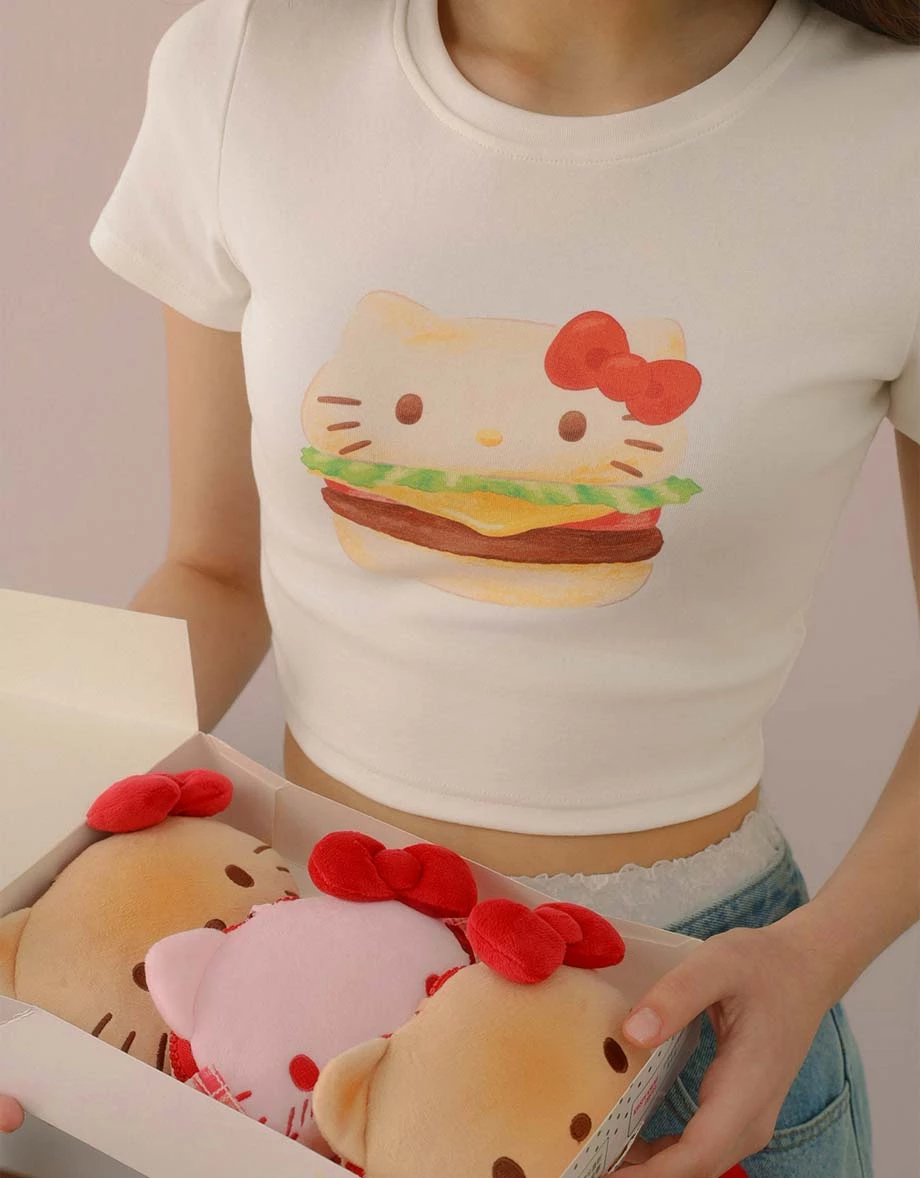【Hello Kitty聯名】美味漢堡凱蒂貓圓領短袖短版TEE