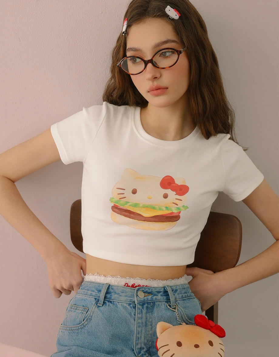 【Hello Kitty聯名】美味漢堡凱蒂貓圓領短袖短版TEE