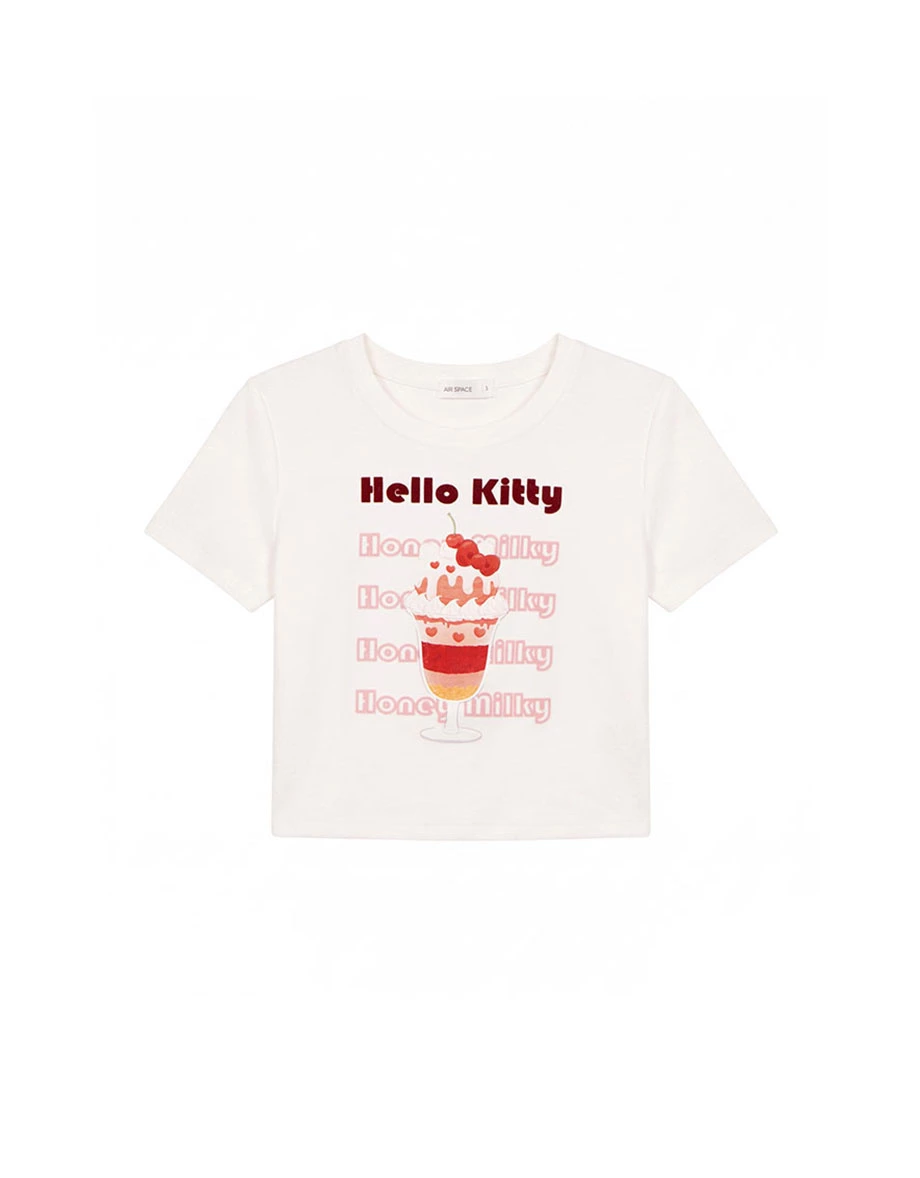 【Hello Kitty聯名】櫻桃聖代凱蒂貓圓領短袖短版TEE