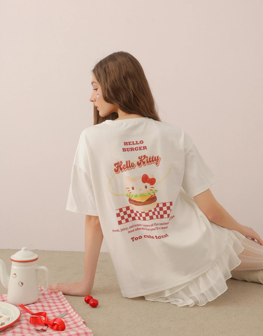 【Hello Kitty聯名】可愛漢堡凱蒂貓圓領短袖寬版TEE
