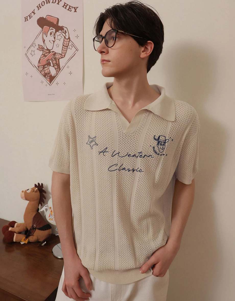 【迪士尼系列】玩具總動員 刺繡圖字線條網眼針織POLO衫(男款)