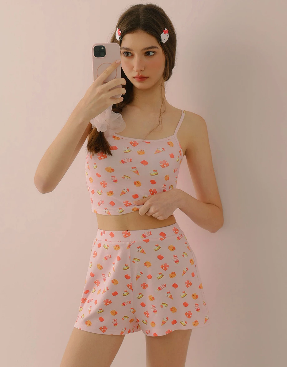 【Hello Kitty聯名】滿版印花細肩帶BRA背心短褲家居服套裝