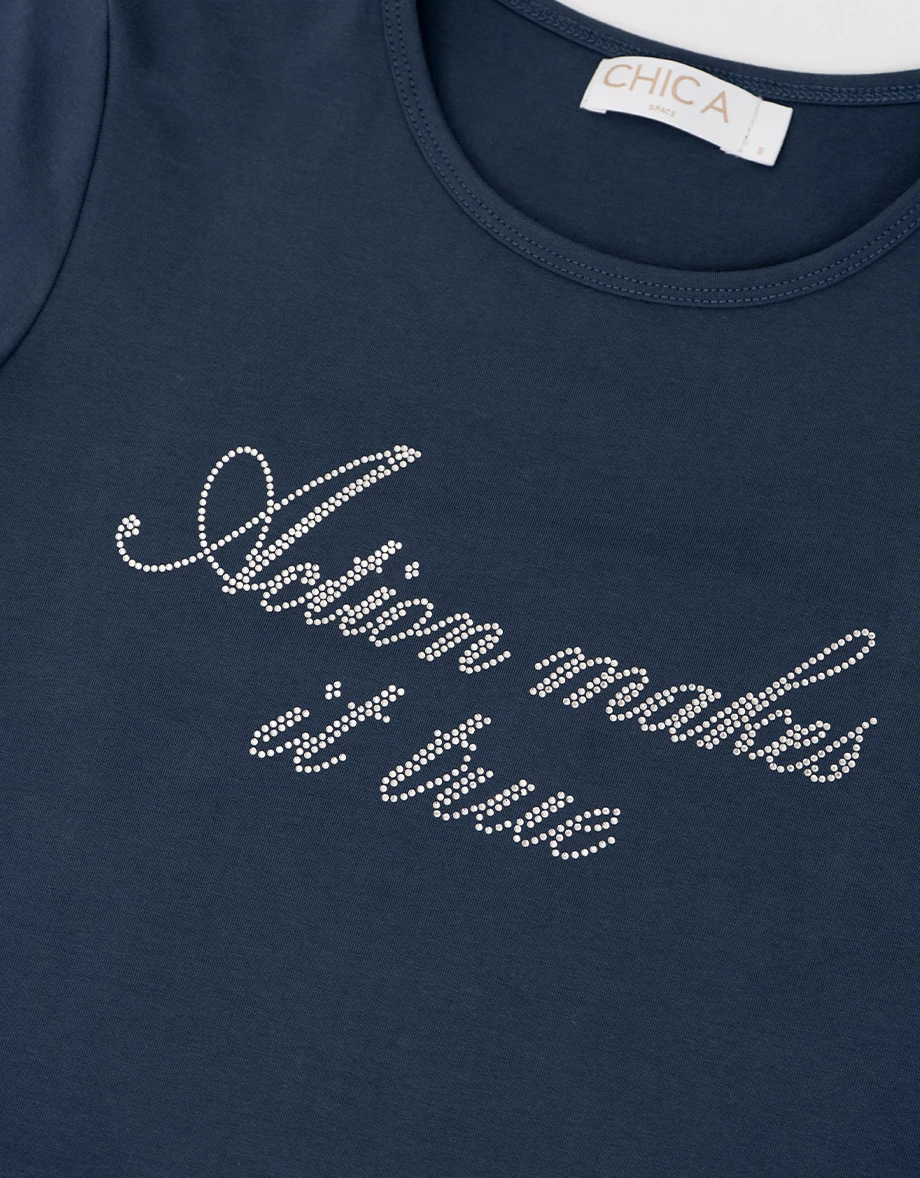 貼鑽字母圓領短袖短版上衣