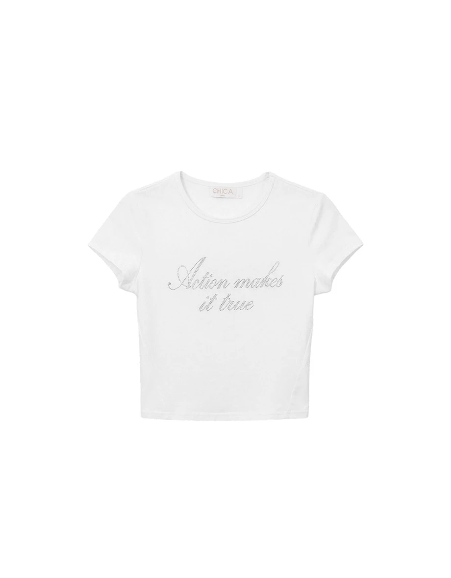 貼鑽字母圓領短袖短版上衣