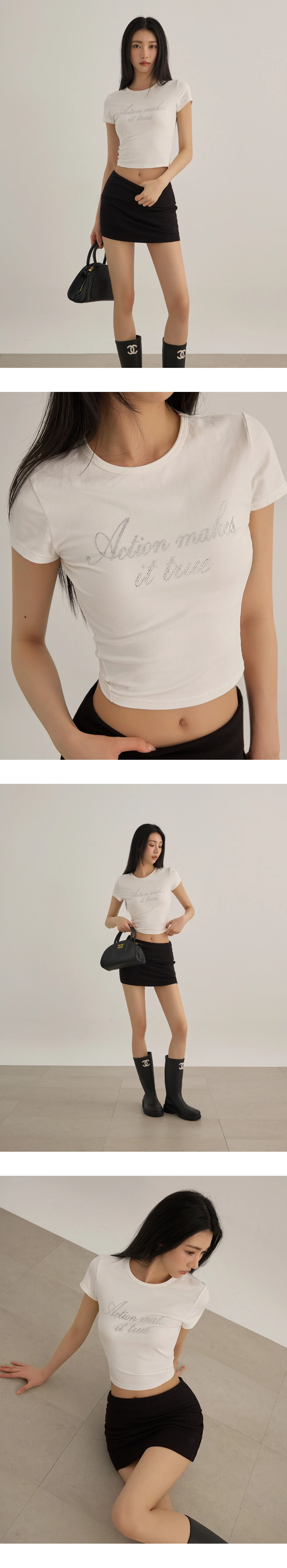 貼鑽字母圓領短袖短版上衣