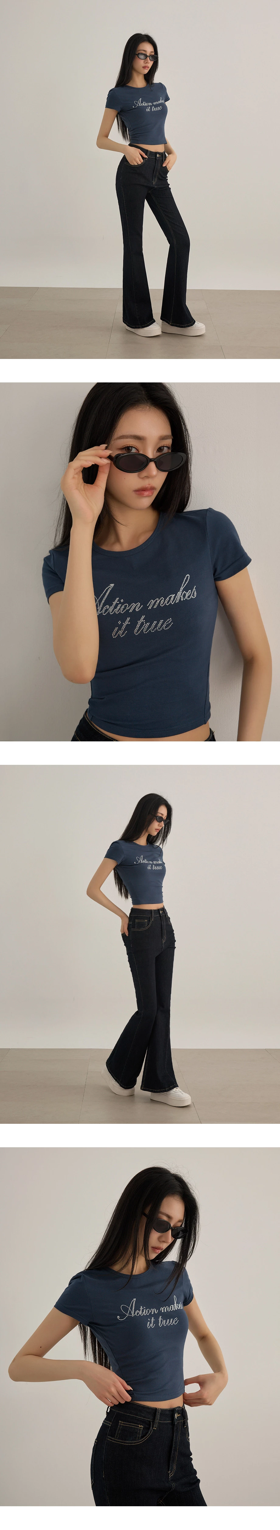 貼鑽字母圓領短袖短版上衣