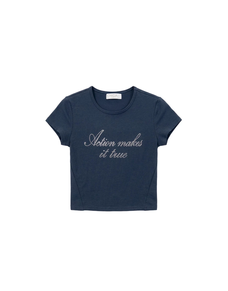 貼鑽字母圓領短袖短版上衣