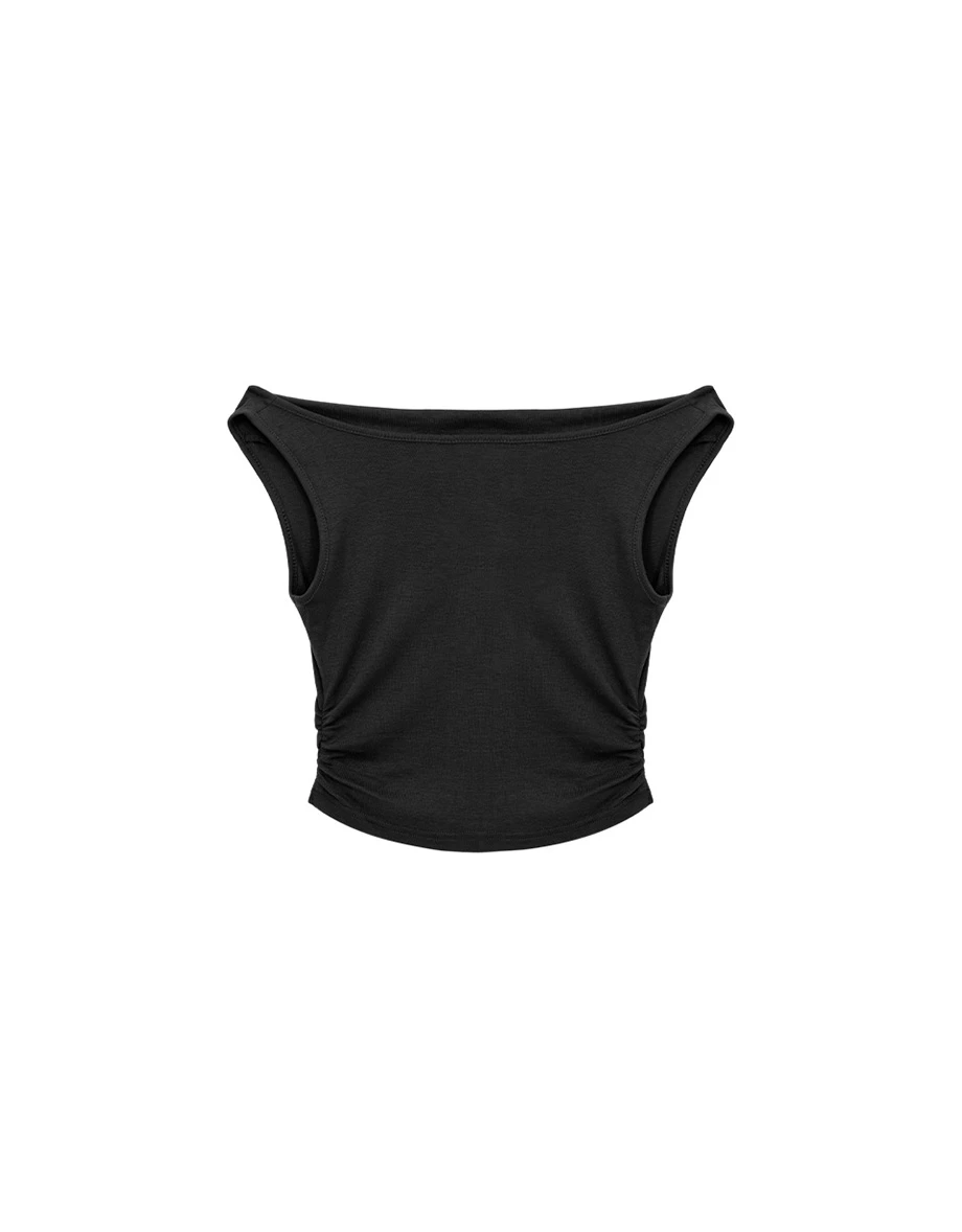 一字領側抓皺純色短版背心