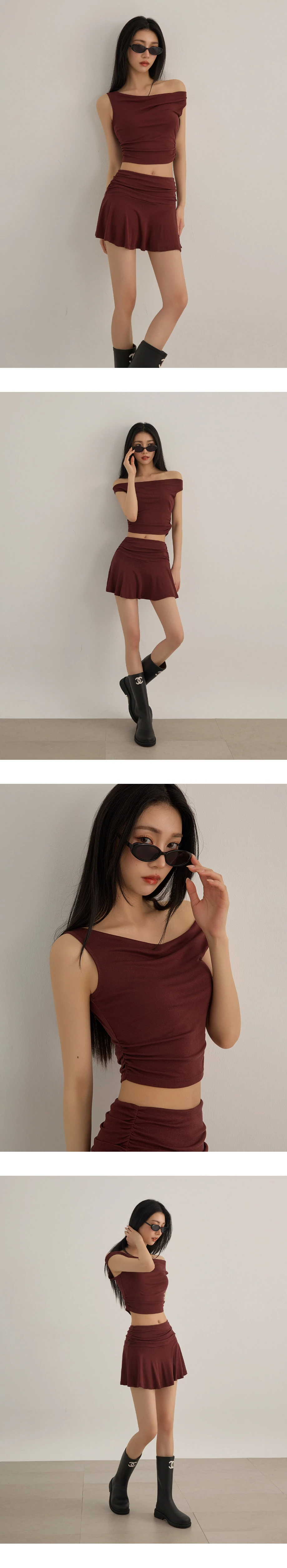 一字領側抓皺純色短版背心