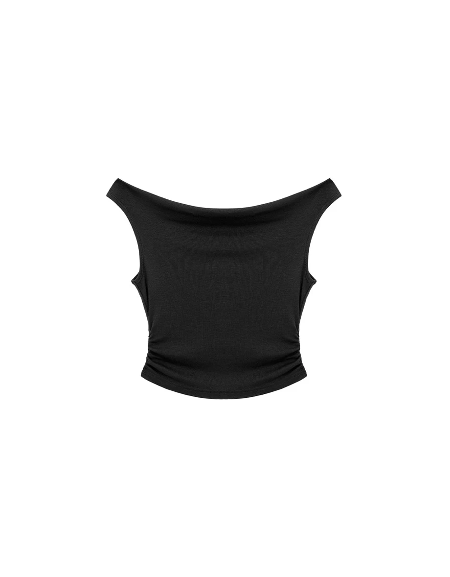 一字領側抓皺純色短版背心