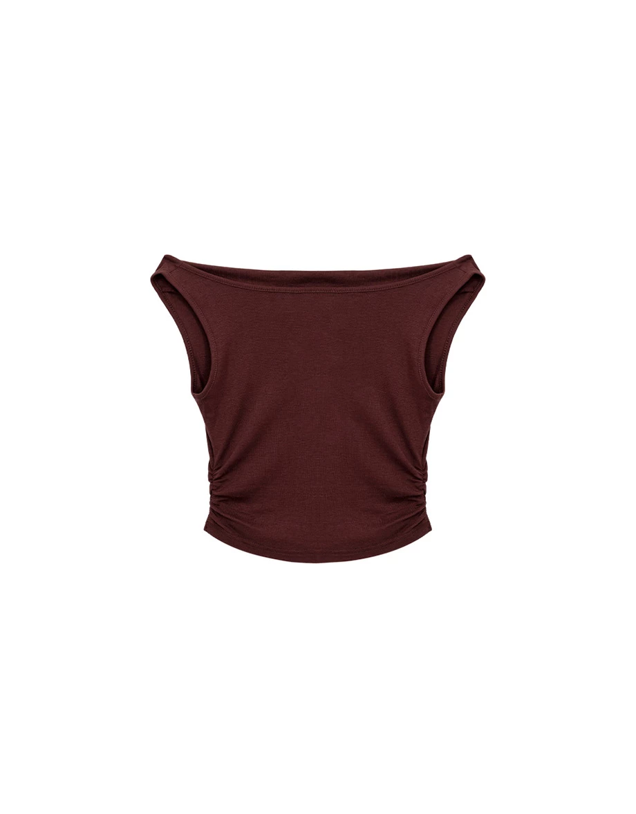 一字領側抓皺純色短版背心