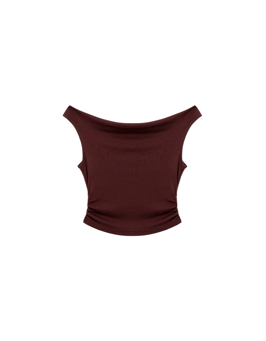 一字領側抓皺純色短版背心