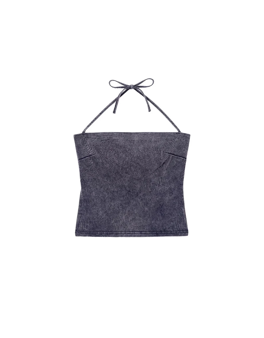 平口繞頸綁帶側開衩後鏤空水洗雪花背心(附胸墊)