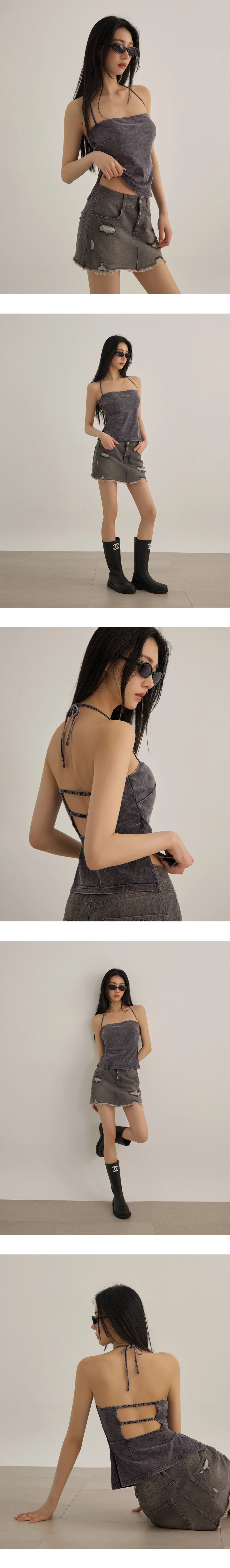 平口繞頸綁帶側開衩後鏤空水洗雪花背心(附胸墊)