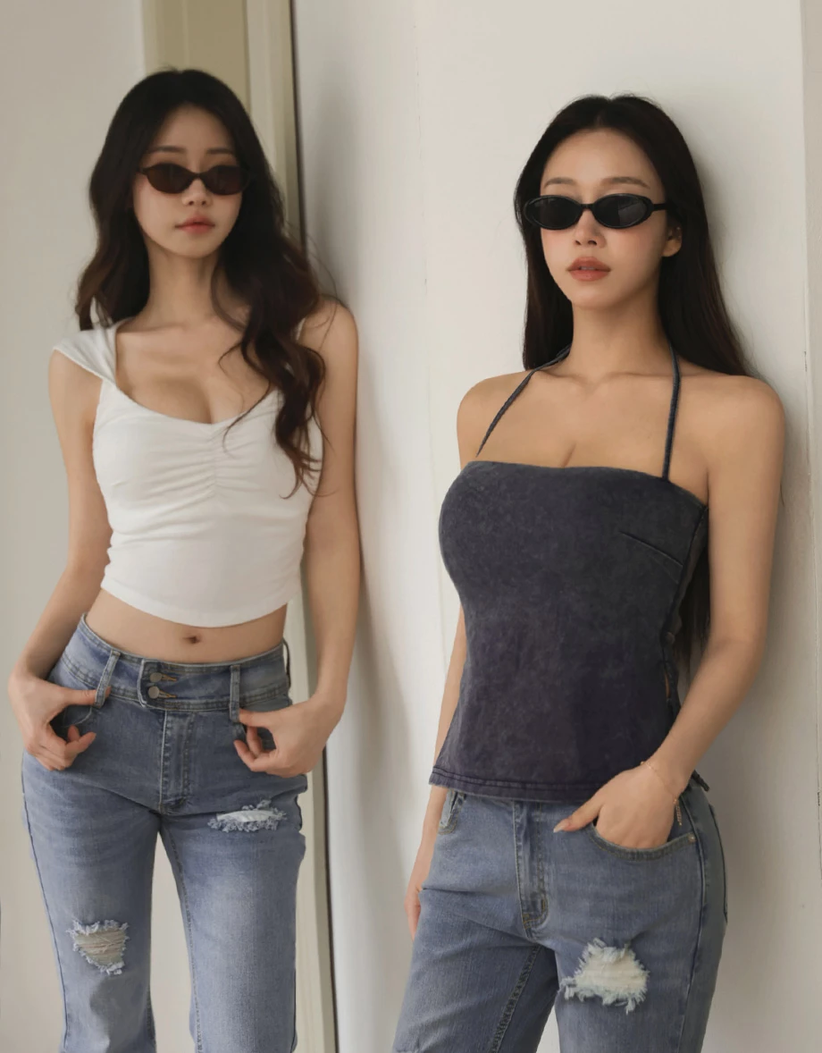 平口繞頸綁帶側開衩後鏤空水洗雪花背心(附胸墊)